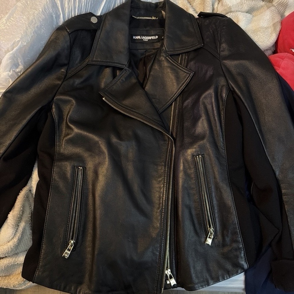 Karl Lagerfeld Paris Womens XL Black Genuine Leather Biker Jacket Hand Painted